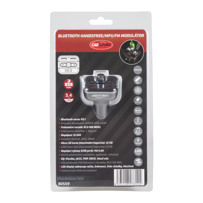 Bluetooth/MP3/FM modulátor bezdrátový s USB/SD portem do CL s dálkovým ovladačem