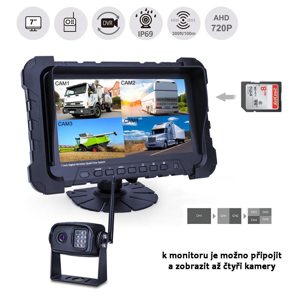 SET bezdrátový digitální kamerový AHD systém, monitor 7" s možností nahrávání