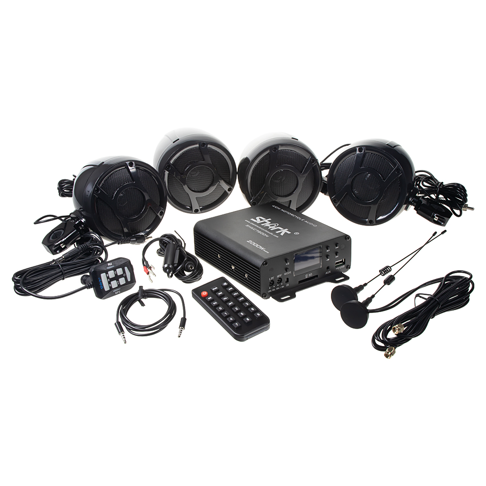 4.1CH zvukový systém na motocykl, skútr, ATV, loď s FM, USB, AUX, BT, černé