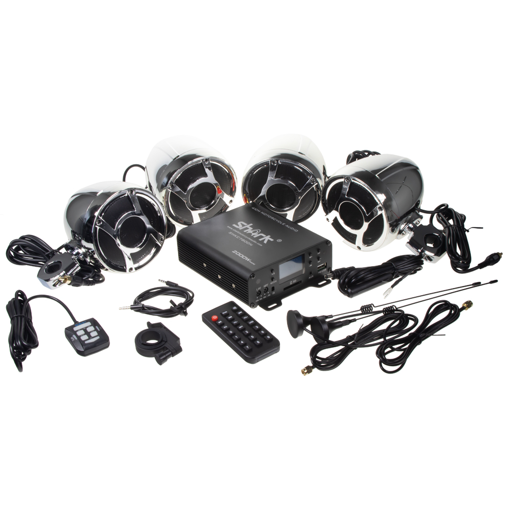 4.1CH zvukový systém na motocykl, skútr, ATV, loď s FM, USB, AUX, BT, chrom