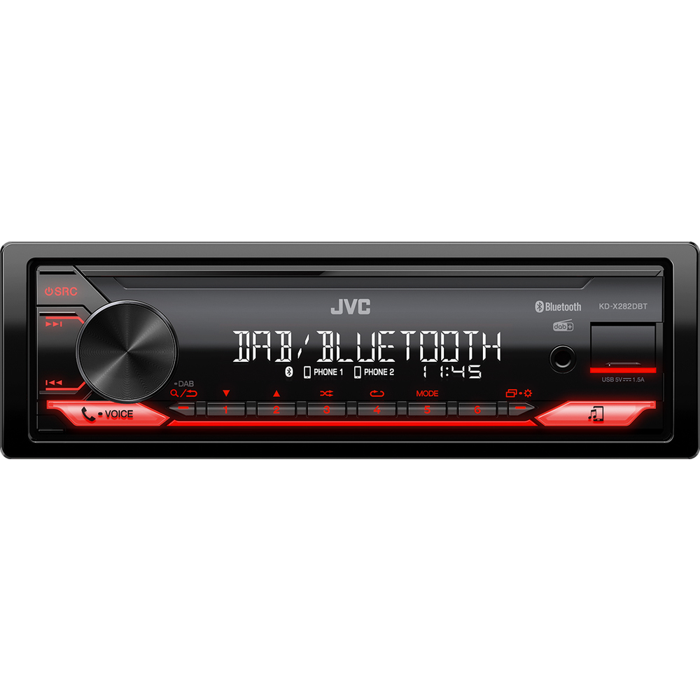 JVC DAB+ / FM autorádio bez mechaniky/Bluetooth/USB/AUX/odním.panel/červená