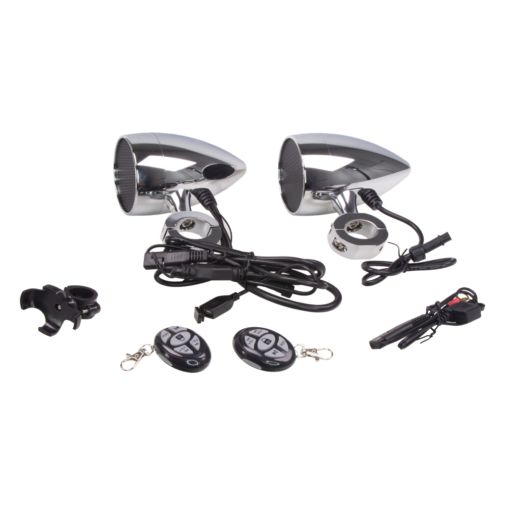 Zvukový systém na motocykl, skútr, ATV s  USB, BT, 2 x dálkové ovládání, barva chrom - rsm102ch