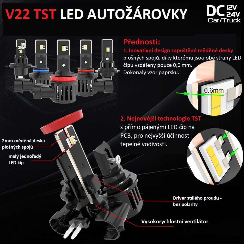 V22 TST LED H8 bílá, 12/24V, 6000LM - 95HLH-H8-V22