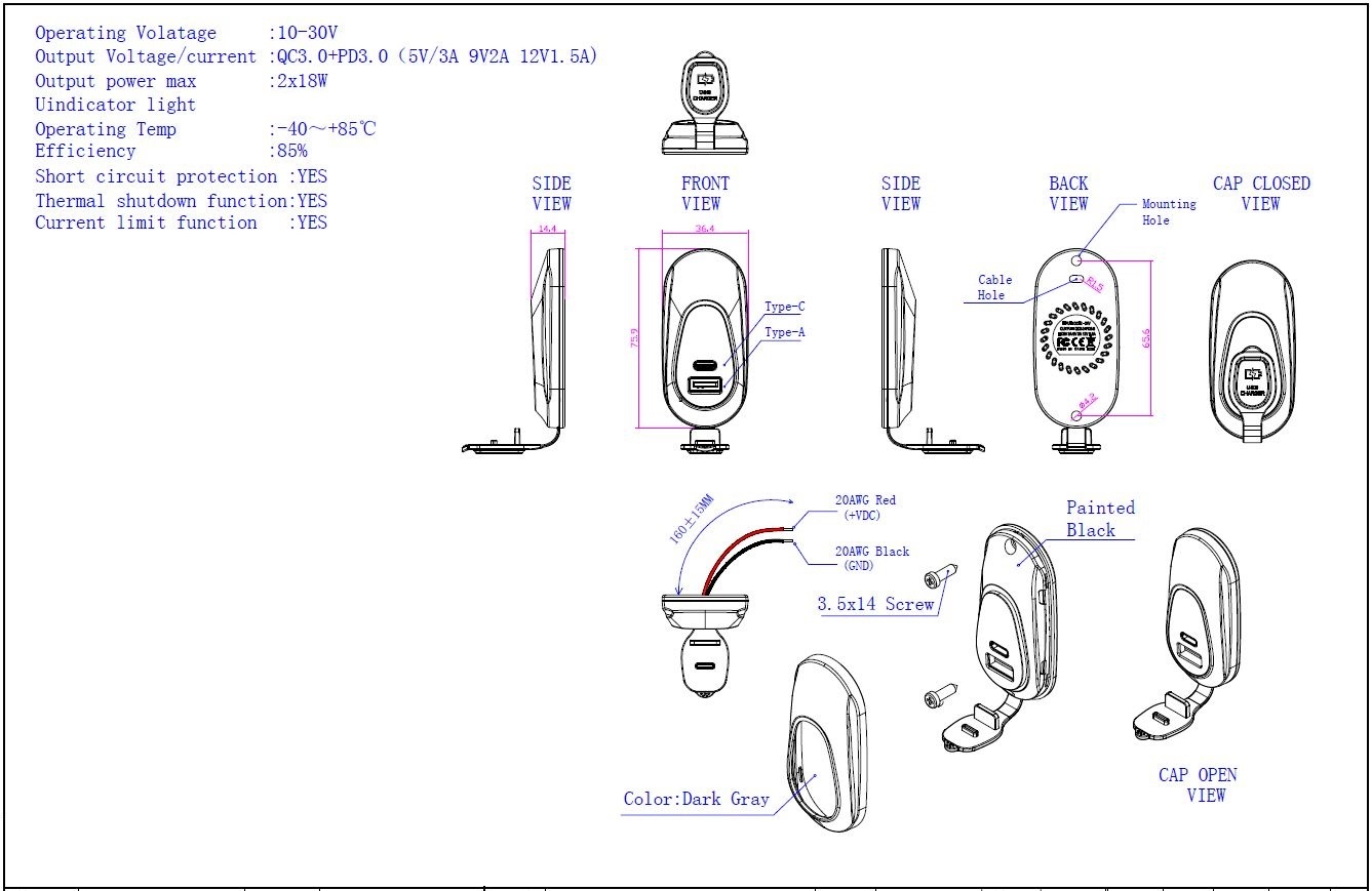 USB QC3.0 + USB-C PD3.0 zásuvka 12/24V, montáž na povrch - 34710.1